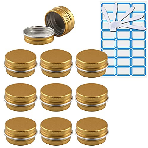 ZEOABSY Pack of 10, Empty 5ml Gold Aluminium Tins with Screw Lids Round Cosmetics Containers Pots Storage Jars for Lip Balm DIY Candle Salve Powder Crafts with 5 Spatula, 1 Labels