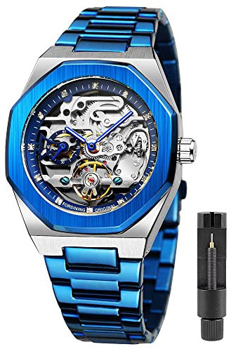 Tiong Mechanische Herrenuhr wasserdichte Business-Skelettuhr aus blauem Edelstahl für Herren