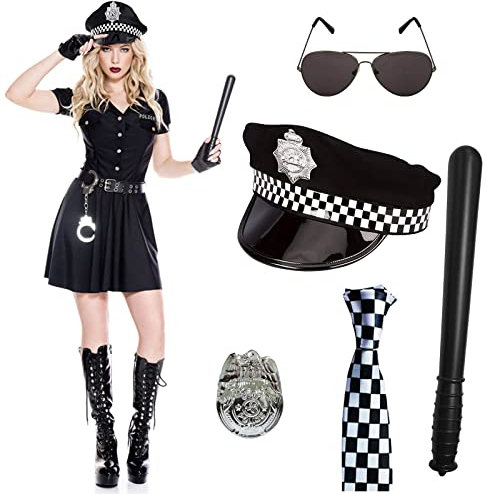 Polizei Kostüm 6-teiliges Zubehör Set für Verkleidung Party mit Erwachsener Polizei Hut, Kunststoff Schlagstock, Schwarze Brille für Damen oder Herren für Cop Swat FBI Halloween Party Dress Up