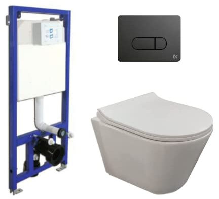 Pack Inodoro Suspendido Rimless + Cisterna Empotrada y Pulsador | Inodoro Fondo Reducido y Asiento Extrafino | Wc Suspendido GIN (Wc Suspendido + Cisterna Empotrada + Pulsador Negro)