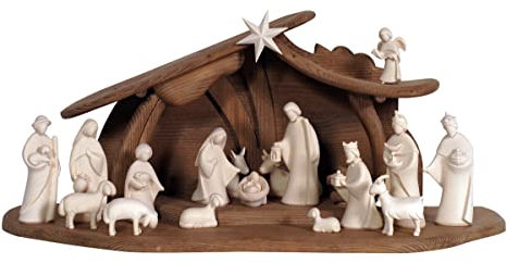Generico Weihnachts-Set aus Holz, moderne Krippe aus Holz mit Schuppen, Figuren aus Naturholz, hergestellt im Gardena-Tal (Höhe Josef 17 cm)