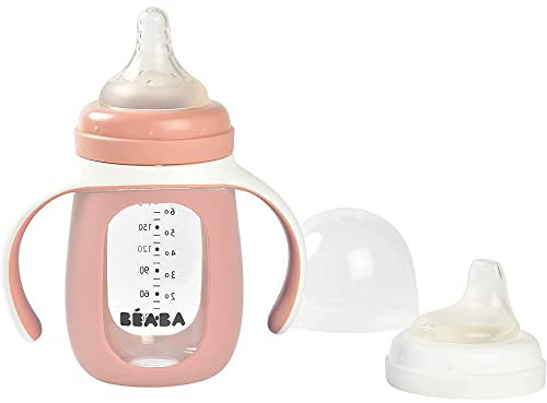 BÉABA, Tasse/Biberon d'apprentissage 2 en 1, En Verre, Housse Silicone, Solide, Sain, 100% Etanche, Poignées amovibles, 210ml, Rose