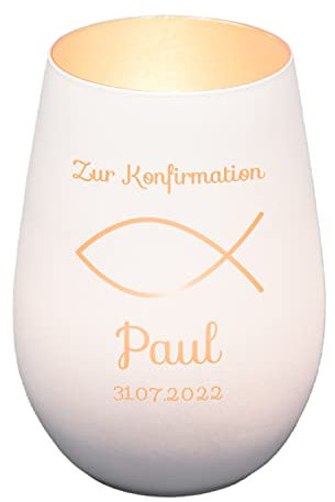 Windlicht mit Gravur zur Konfirmation | Weiß/Silber | Motiv Fisch | Geschenk zur Konfirmation Junge Mädchen | Tischdeko und Konfirmationsgeschenk personalisiert | Teelichtglas