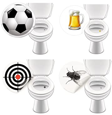 16 x WC Aufkleber Set, Toiletten Aufkleber/Urinal Sticker, transparente Zielhilfe, Motive Fliege, Fußball, Bierglas, Bullauge, Ø 20–30 mm, wasserfest, für WC-Schüssel & Pissoir - LK-Trend & Style