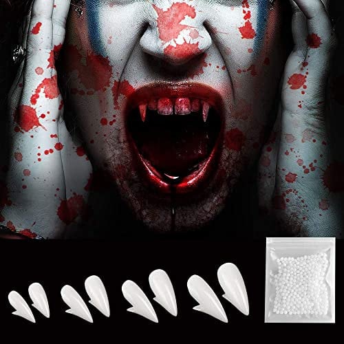 4 Pair Vampire Fangs Kit with Solid Adhesive, 4 Sizes (13mm 15mm 17mm 19mm) Custom Fangs Vampire Teeth Fake Dentures for Halloween Costume Cosplay Props Party Favors
