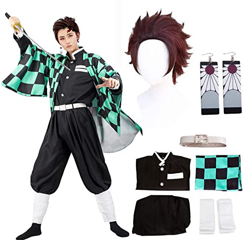 JYakeji 8 Stück Tanjirou Cosplay Kostüm mit Earrings, Demon Slayer Tanjirou Cosplay Kimono Halloween Jacke Kostüm Anime Mantel Outfit für Erwachsene und Kinder (XL)