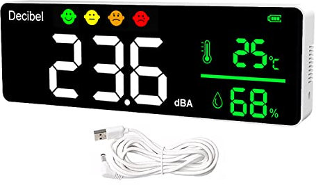 Digital Decibel Sound Meter Intelligent Noise Detector with LED Display Noise Temperature Humidity 30-130 dB Range Noise Decibel Meter for Home, Studio, Classroom Noise Monitor
