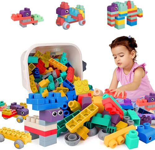 ROHSCE 80PCS Baby Blocks Set with Storage Bucket, Blocks for Babies 6 Months and Up STEM Educational Toddler Gifts, Rubber Soft Blocks Big Building Blocks Sensory Stacking Toys