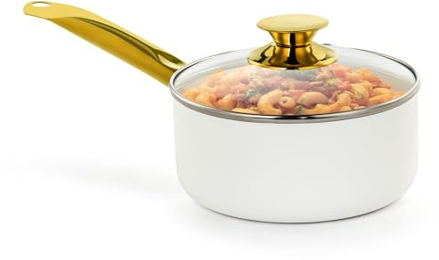 Holstein Housewares 2.5QT White Ceramic Nonstick Saucepan with Lid, Gold Color and Stainless Steel Handle, Golden Elegance
