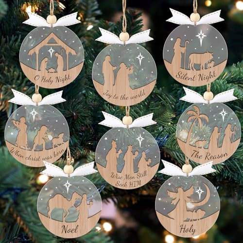 16pcs Nativity Christmas Ornaments - 3D Wooden Acrylic Cut File Nativity Scene Crafts for Kids Tree Winter Party Decorations Indoor Outdoor