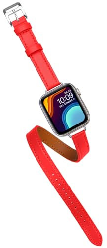 YISIWERA Lederband Kompatibel für Rot Apple Watch Armband Damen 38mm 40mm 41mm Echtes Leder Doppelter Tour Schlank Uhrenarmband für Apple Watch Series 9/8/SE/7/6/5/4/3/2/1/Ultra
