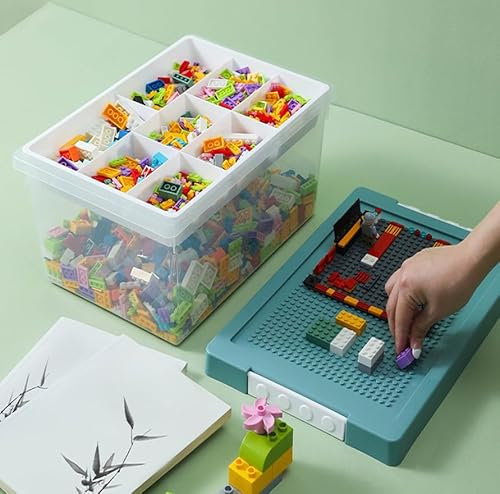 STORTRUST® Aufbewahrungsboxen kompatibel mit Lego - Große Box mit Sortiereinsatz - Steinebox geeignet für Lego mit Basisplatte als Deckel (Blau)