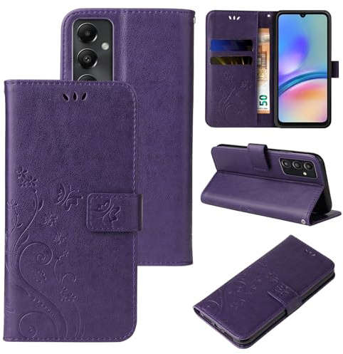 LBH Handy Hülle für Samsung Galaxy A05s Case Handytasche Schmetterling Blumen Flower Standfunktion Schutzhülle Magnet Rundum Schutz 360 Grad Flipcase Cover Violett