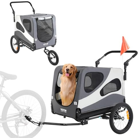 VEVOR Hunde-Fahrradanhänger, unterstützt bis zu 45,4 kg, 2-in-1 Haustier-Kinderwagen, Fahrradträger, leicht zusammenklappbarer Wagenrahmen mit Schnellentriegelungsrädern, Universal-Fahrradkupplung,