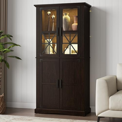 RoyalCraft 69'' Tall Farmhouse Storage Cabinet, Retro Display Cabinet with RGB Lights, Freestanding Kitchen Pantry Cabinet, Living Room, Home Office, Brown