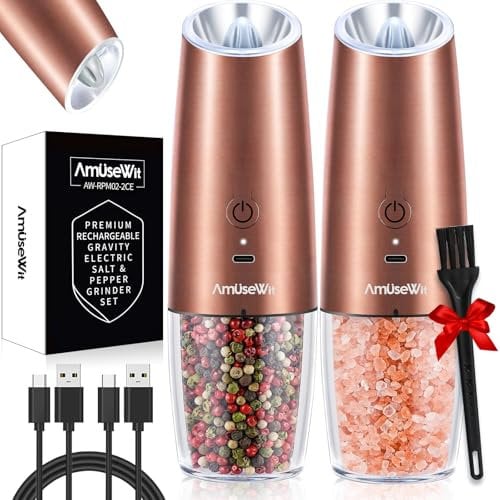 AmuseWit Gravity Electric Salt and Pepper Grinder Set [White Light] USB Rechargeable Automatic Pepper and Salt Mills,Adjustable Coarseness,One-Handed Operation, Copper
