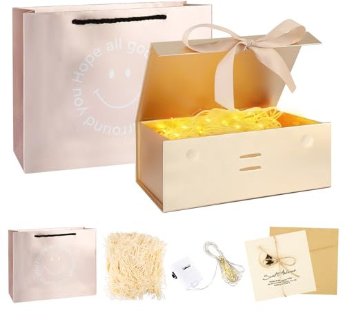 Geschenkbox mit Deckel, 22 x 16 x 8,8cm Roségold Geschenkbox Magnetisch, Geschenkverpackung Geburtstag mit Fliege,Raffia,Lichterkette,Briefköpfe,Geschenk Box Geburtstag für Hochzeit,Weihnachte