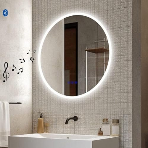 Finmrys Badspiegel mit Beleuchtung Rund 100 cm mit Bluetooth-Lautsprecher und Touch-Schalter Beschlagfrei Badezimmerspiegel LED Dimmbar Kaltweiß Warmweiß 39.37 inch
