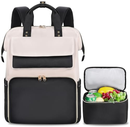 BERTASCHE Lunch Backpack for Women, 15.6 Inch Laptop Backpack with Insulated Cooler Lunch Box, Work Bag for Teacher Nurse Travel College Picnic, Black-Beige