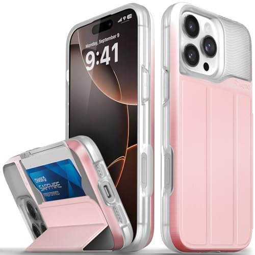 VENA vCommute for iPhone 16 Pro Max Wallet Case, [Military Grade Drop Protection] Flip Leather Cover Slot Card Holder with Kickstand - Pastel Pink