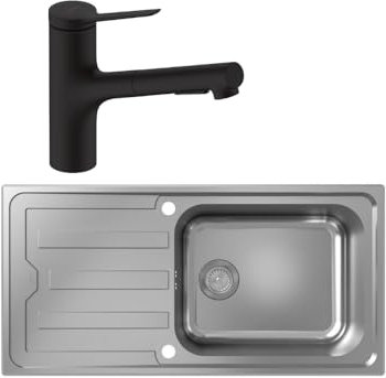 Evier 1 bac HANSGROHE S44 inox + robinet de cuisine avec douchette HANSGROHE Zesis M33 150 2 jets noir mat
