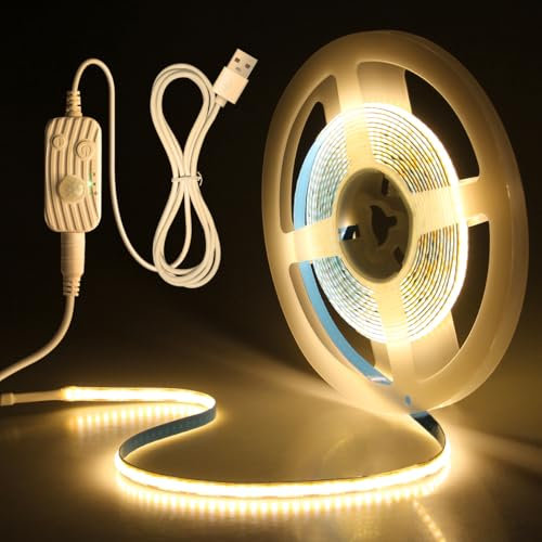 Aclorol USB COB LED Streifen mit Bewegungsmelder 2M 640LEDs Warmweiß 3000K Dimmbar 5V LED Flexibel Streifen mit 1.5M USB Kabel für Nachtlicht Schrank Kleiderschranks Schlafzimmer Treppen Küche CRI85