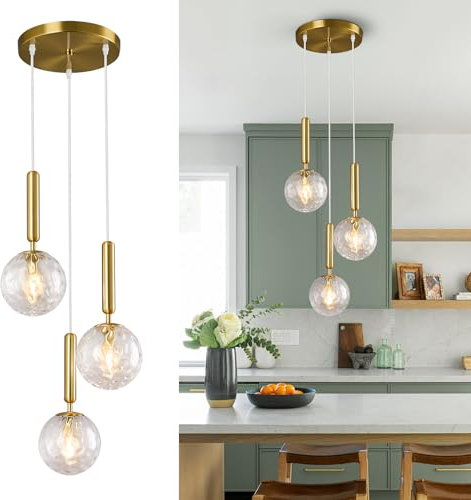 ZPBSJ Moderne Gold Leuchte Pendelleuchte für Kücheninsel Mid Century Pendelleuchten mit Kugel Klarglas Weißglas Pendelleuchte für Esszimmer Bad Eingang Schlafzimmer(3-flammig)
