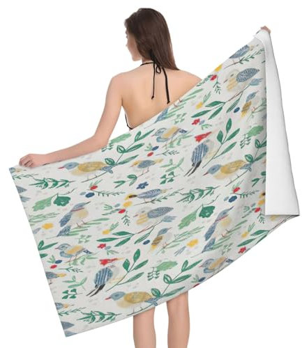 KoloQren Badetuch mit Vogel- und Blumendruck, 132 x 81,3 cm, größer und leichter, super weich und sehr saugfähig (1 Stück)