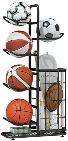 INGIORDAR Basketball Ball Storage Rack Freestanding Organizer Sport Equipment Garage Stand 6 Tier for Football Volleyball Soccer Indoor Outdoor, Black
