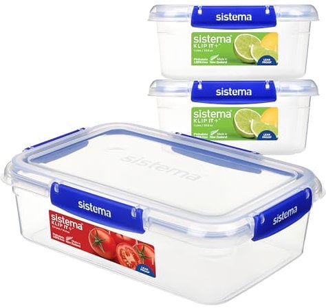 Sistema KLIP IT PLUS Leakproof Food Storage Containers | 2 x 1L & 2.2 L | Airtight, Stackable & Nestable Meal Prep Containers with Lids | School Lunch Boxes | BPA-Free | 3 Count