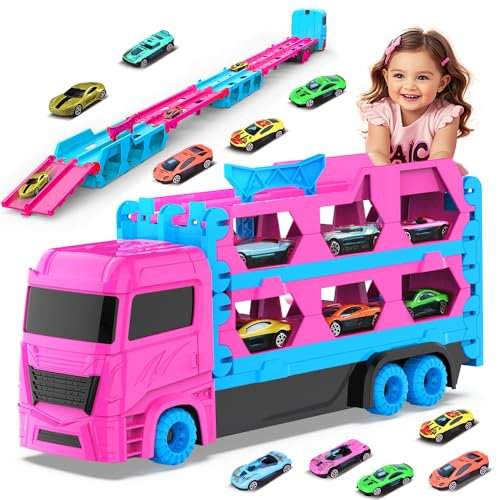 VATOS Transport Truck Toys Cars for Girls Ages 3 4 5 6, Portable Truck Toy with 6 Race Cars, Best Gift Carrier Vehicles Toys Set for Toddlers Kids