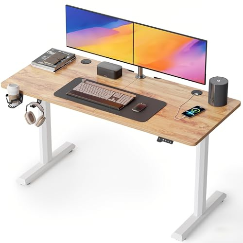 Cubiker 140 x 60cm Electric Height Adjustable Standing Desk, Home Office Table with Splice Board, Light Brown