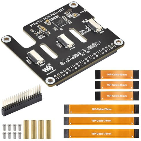 PCIe to 2-CH PCIe HAT Adapter for Raspberry Pi 5 | Dual FFC Connectors | Stackable PCIe Gen2 HAT | Expand Pi 5 PCIe Interface | 16-PIN Cable Support
