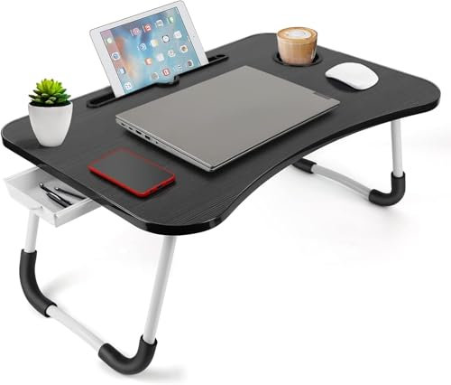 Bandeja para Cama, Mesa Plegable de Desayuno, Ideal para Portátil, Ordenador y Libros, Ergonómica, Mesa Auxiliar con Atril para Leer en la Cama (Mod 1 Negro Mate con Cajón)