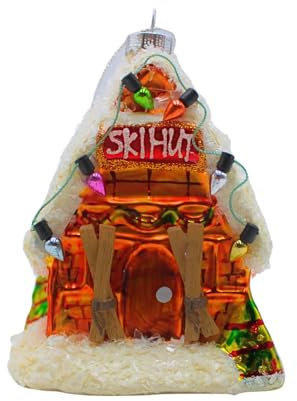 Dekohelden24 Lauscha Lauscha Christmas Tree Decoration Baubles Glass Ornament Ski Hut Glass Decoration Winter House in White with Colourful Details L x W x H 8 x 7 x 11 cm