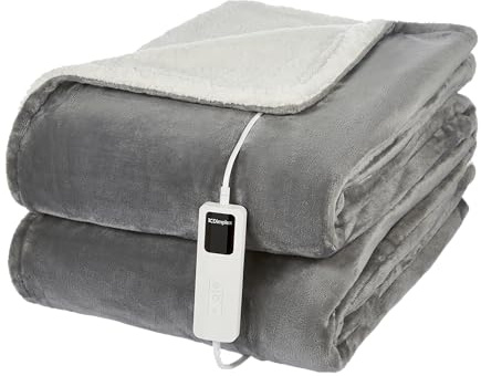 Dimplex DXHTGW Beheizter Sherpa-Überwurf mit schnellem Aufheizen, automatischer Abschaltung, 9 Heizstufen, 9-Stunden-Timer, extra weich, Grau und Weiß