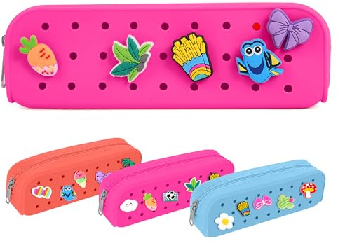 Oudizz Silicone Small Pencil Case-Multipurpose Makeup Bag or Stationery Organizer Aesthetic Pencil Pouch for Women & Teens with DIY Holes, 10 Charms,Lightweight Large Capacity Pen Bag, Rose red