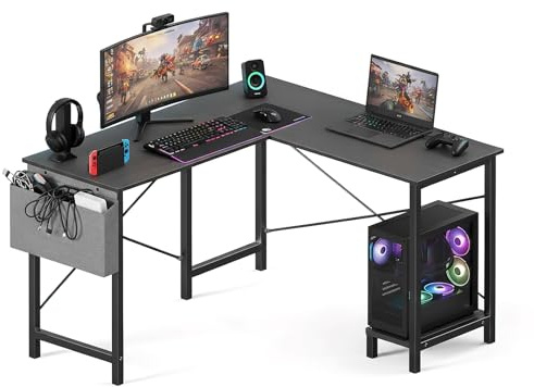 OLIXIS L-förmiger Schreibtisch, 50 Zoll Büro Computer Gaming Schreibtische Ecke PC Tisch mit Seitentasche und Wenderegal für Heimarbeit, Studie schreiben, Schwarz