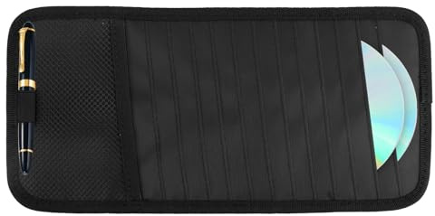 Car CD DVD Case Holder, Protective Vehicle Sun Visor Organizer with 12 Storage Sleeves Mesh Pocket & Pen Holder Protective DVD Case Visor Storage Organizer (Black)