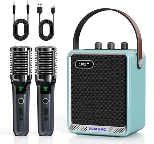 HUABAO Karaoke-Anlage mit 2 drahtlosen Mikrofonen, tragbarer Bluetooth-Lautsprecher mit Mikrofon, kompakter Party-Lautsprecher mit LED-Beleuchtung, 30 W Leistung, 5400 mAh, für zu Hause und im Freien