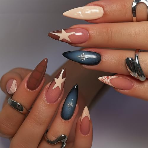 Short Almond Press-On False Nails, French Tip Celestial Designs, 24-Piece | Full-Cover Glossy Tips, Navy, Brown, Beige, Nude Pink, Cream, White And Red, For Everyday Wear, Parties And Seasonal Styling