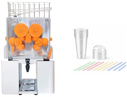 Commercial Electric Citrus Juicer 220V 120W Stainless Steel 22 Oranges Per Minute with Tap and Buckets Bundle with 30pcs 16oz Clear Cup Set 10 Cups 10 Lids 10 Straws Leak Proof Bundle