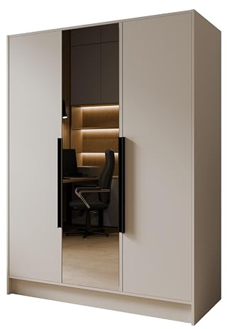 Margaret Hadas24 Drehtürenschrank Goya Kleiderschrank, Spiegel, Griffen, Push-to-Open Tip-ON, großer Stauraum, Regale, Glatte Türen (Kaschmir, Schwarze Griffe, mit Spiegel, 150 cm)