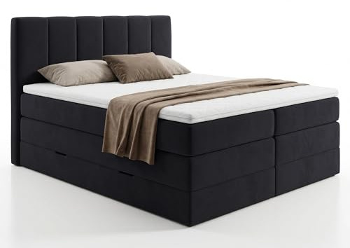 Sofnet Boxspringbett Star XL mit 2 Bettkästen und Topper, mit Taschenfederkern- und Bonellfederkernmatratze, Doppelbett, Polsterbett aus Veloursstoff mit Stauraum (Schwarz (Kronos 07), 140 x 200 cm)