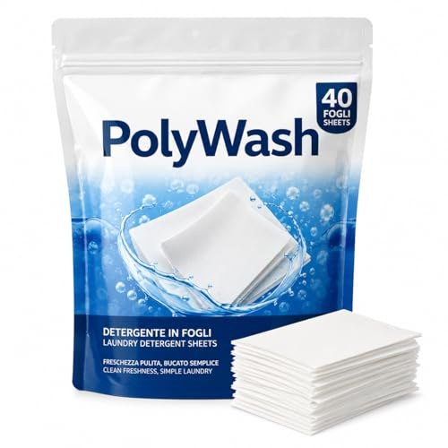 Detersivo in Fogli Lavatrice con Ammorbidente – 40 Fogli Ultra Concentrati – Delicato su Pelle Sensibile e Bambini – Ecologico, Senza Plastica – PolyWash