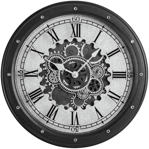 LENAUQ Wanduhr mit Beweglichen Zahnrädern, 16 Zoll, Schwarz, Steampunk-Stil, Römische Ziffern, Kunststoffrahmen
