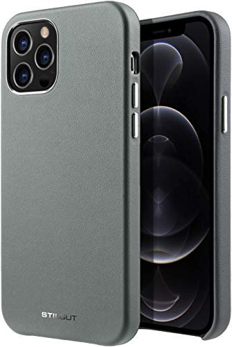 StilGut Case compatible with iPhone 12 Pro Max, Protective Genuine Leather Case, Grey/Green