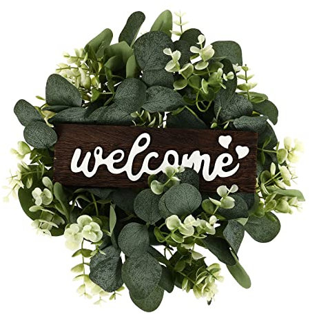 VALICLUD 30CM Künstliche Eukalyptus Kranz Willkommen Türschild Türkranz Vintage Rustikales Holzschild für Zuhause Büro Hochzeit Ostern Party Wanddeko Haustür Dekoration Frühlingsdeko Grün