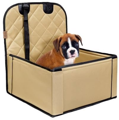 Extra Stabiler Hunde Autositz - Hochwertiger Auto Hundesitz für kleine bis mittlere Hunde - Verstärkte Wände und 3 Gurte - Wasserdichter Hundeautositz für Rück- und Vordersitz (Beige)