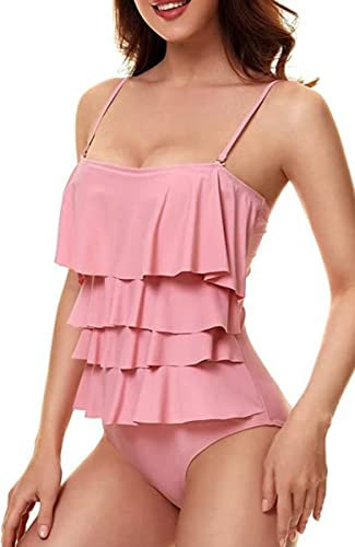 JFAN Costume da Bagno Donna Estivo Un Pezzo Volant Senza Schienale Controllo della Pancia Sling Bikini Rosa XL